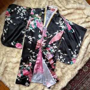 Black and Pink Floral Peacock Print Kimono Style Lounge Robe